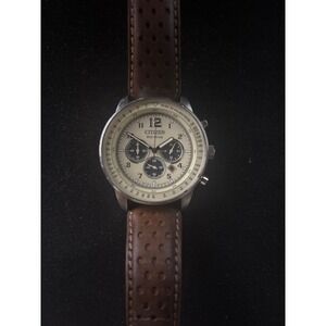 Citizen Eco-Drive Chronograph Mens Watch Cream Dial Brown Leather CA4250-03E